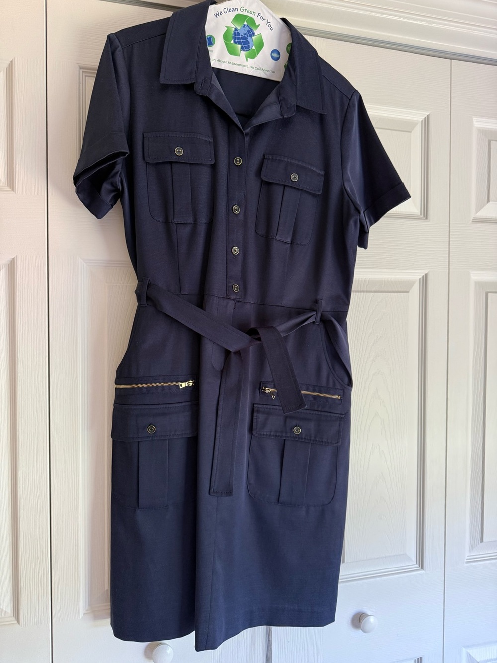 Classic Navy  Button-Front Utility Shirt Dress with Belt